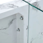 Table basse rectangulaire avec plateau effet bois et pieds en verre trempé