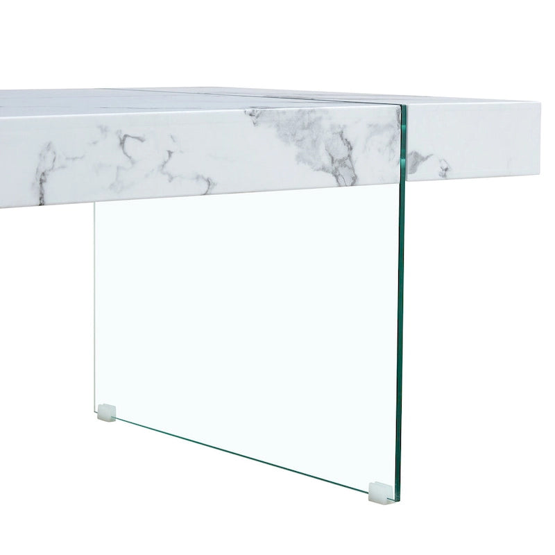 Table basse rectangulaire avec plateau effet bois et pieds en verre trempé