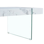 Table basse rectangulaire avec plateau effet bois et pieds en verre trempé