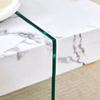 Table basse rectangulaire avec plateau effet bois et pieds en verre trempé