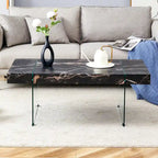 Table basse rectangulaire avec plateau effet bois et pieds en verre trempé