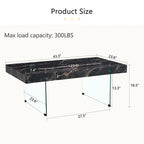 Table basse rectangulaire avec plateau effet bois et pieds en verre trempé