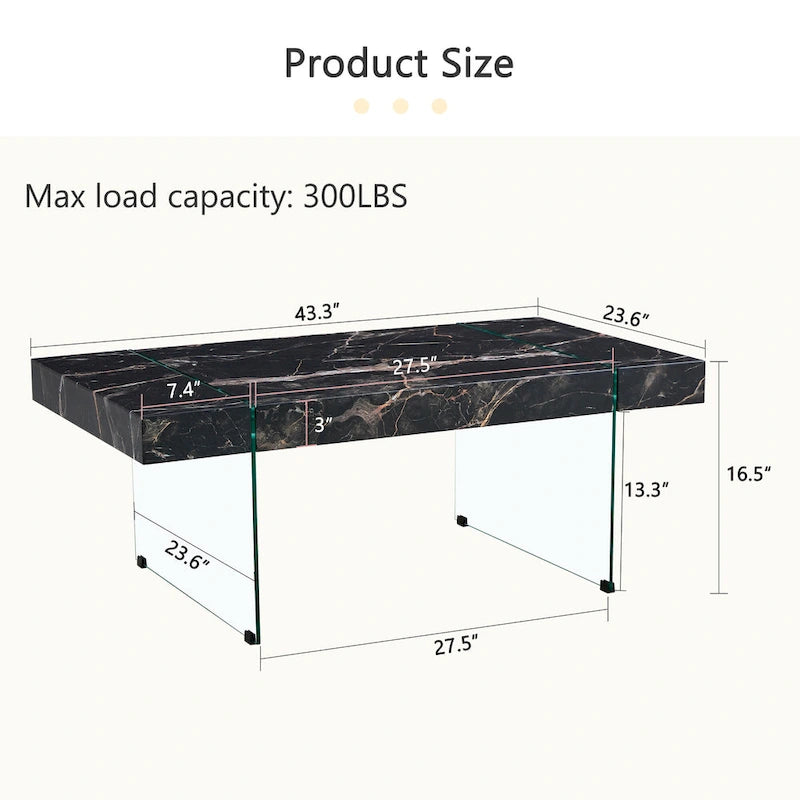 Table basse rectangulaire avec plateau effet bois et pieds en verre trempé