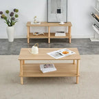 Table basse industrielle de 99 cm avec étagère ouverte à 2 niveaux et pieds en bois d'hévéa
