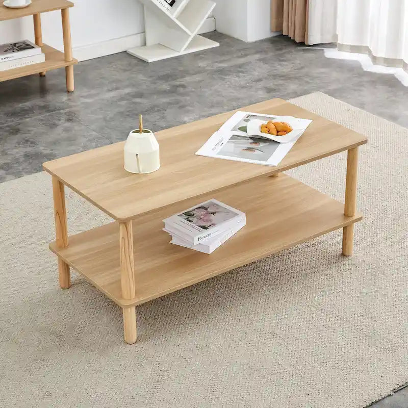 Table basse industrielle de 99 cm avec étagère ouverte à 2 niveaux et pieds en bois d'hévéa