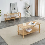 Table basse industrielle de 99 cm avec étagère ouverte à 2 niveaux et pieds en bois d'hévéa