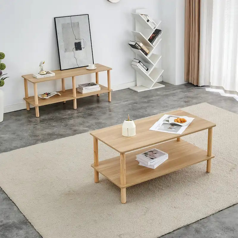 Table basse industrielle de 99 cm avec étagère ouverte à 2 niveaux et pieds en bois d'hévéa