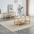 Table basse industrielle de 99 cm avec étagère ouverte à 2 niveaux et pieds en bois d'hévéa