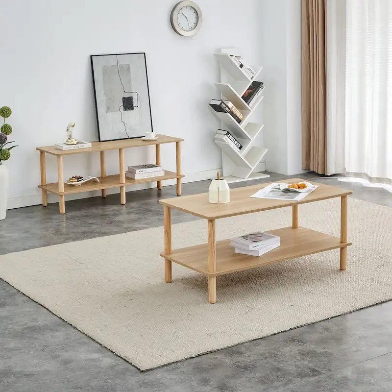 Table basse industrielle de 99 cm avec étagère ouverte à 2 niveaux et pieds en bois d'hévéa
