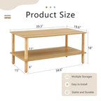 Table basse industrielle de 99 cm avec étagère ouverte à 2 niveaux et pieds en bois d'hévéa