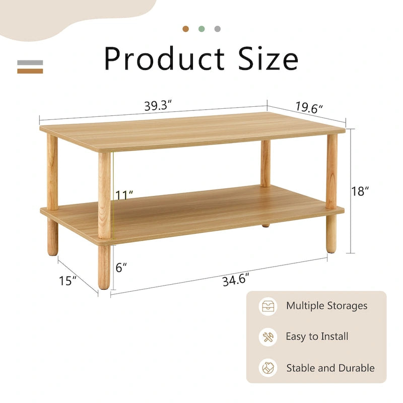 Table basse industrielle de 99 cm avec étagère ouverte à 2 niveaux et pieds en bois d'hévéa