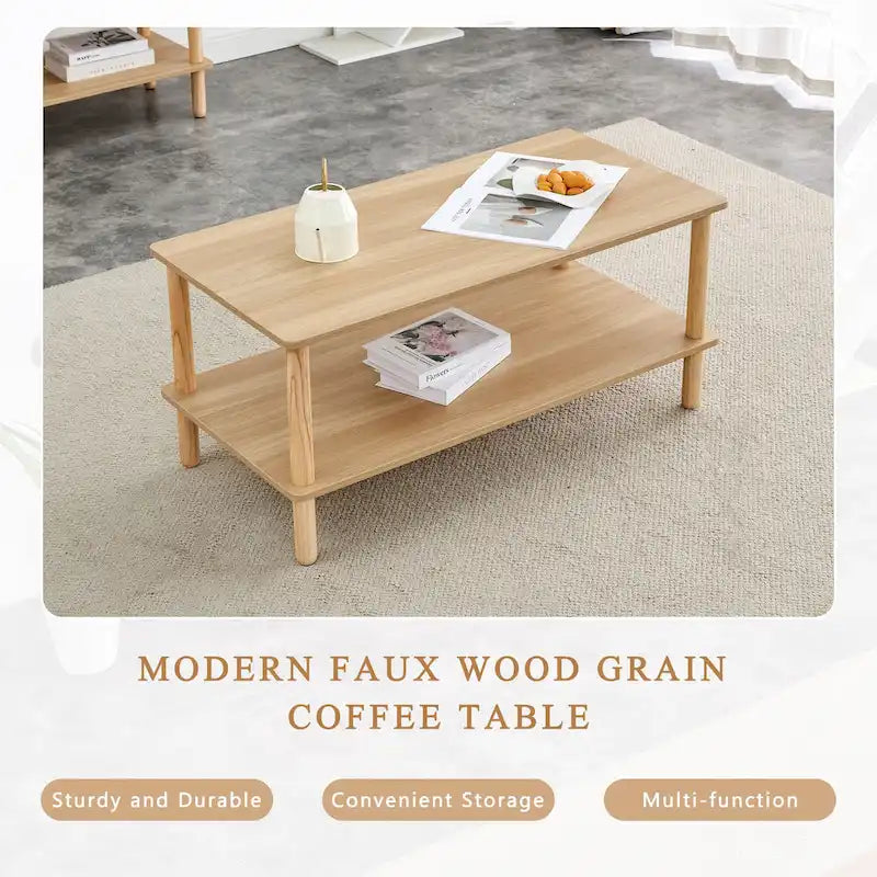 Table basse industrielle de 99 cm avec étagère ouverte à 2 niveaux et pieds en bois d'hévéa