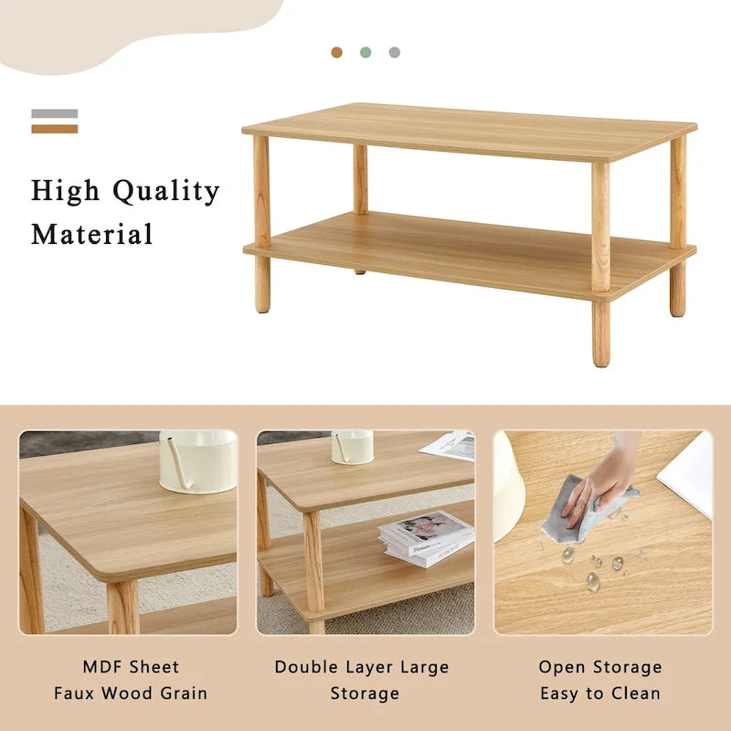 Table basse industrielle de 99 cm avec étagère ouverte à 2 niveaux et pieds en bois d'hévéa