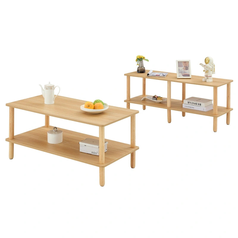 Table basse industrielle de 99 cm avec étagère ouverte à 2 niveaux et pieds en bois d'hévéa