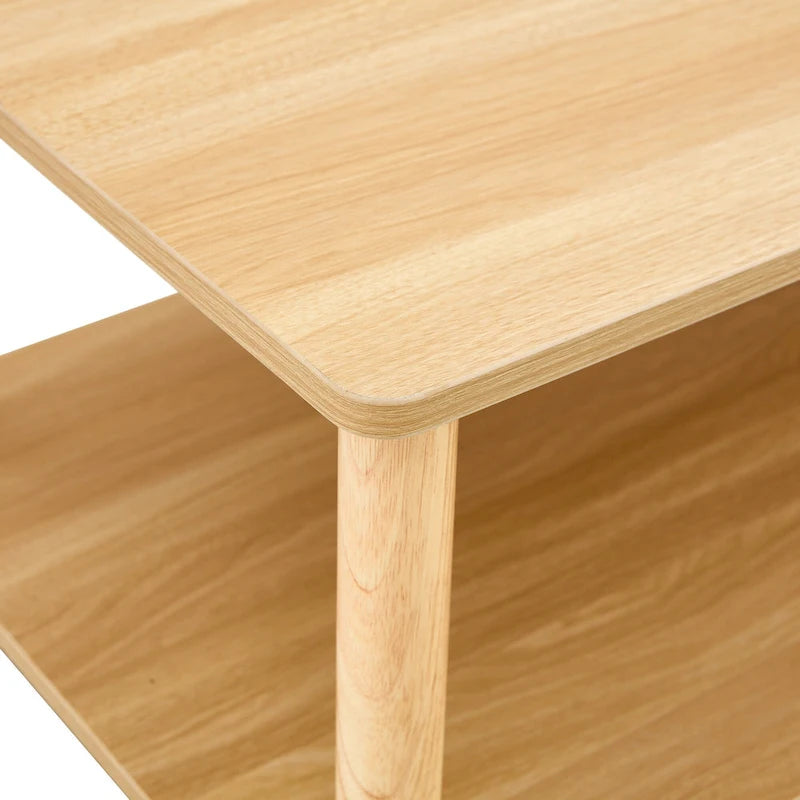 Table basse industrielle de 99 cm avec étagère ouverte à 2 niveaux et pieds en bois d'hévéa
