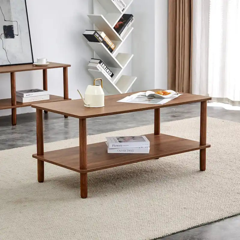 Table basse industrielle de 99 cm avec étagère ouverte à 2 niveaux et pieds en bois d'hévéa