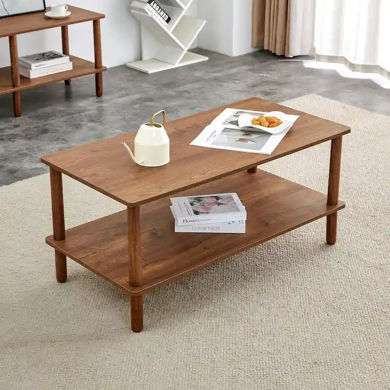 Table basse industrielle de 99 cm avec étagère ouverte à 2 niveaux et pieds en bois d'hévéa