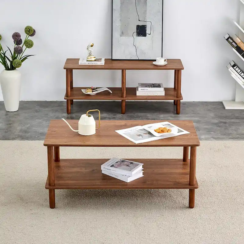Table basse industrielle de 99 cm avec étagère ouverte à 2 niveaux et pieds en bois d'hévéa