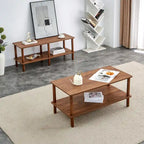 Table basse industrielle de 99 cm avec étagère ouverte à 2 niveaux et pieds en bois d'hévéa