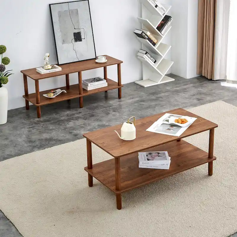 Table basse industrielle de 99 cm avec étagère ouverte à 2 niveaux et pieds en bois d'hévéa