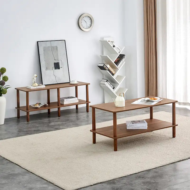 Table basse industrielle de 99 cm avec étagère ouverte à 2 niveaux et pieds en bois d'hévéa