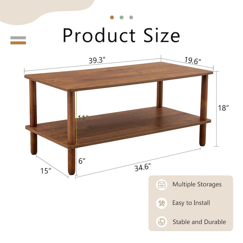 Table basse industrielle de 99 cm avec étagère ouverte à 2 niveaux et pieds en bois d'hévéa