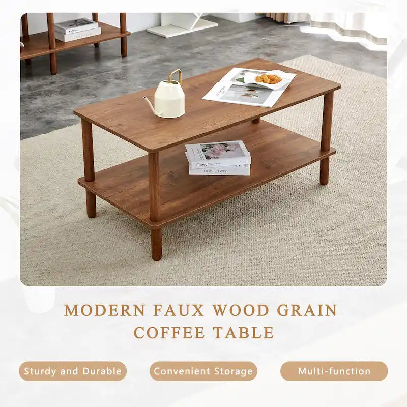 Table basse industrielle de 99 cm avec étagère ouverte à 2 niveaux et pieds en bois d'hévéa