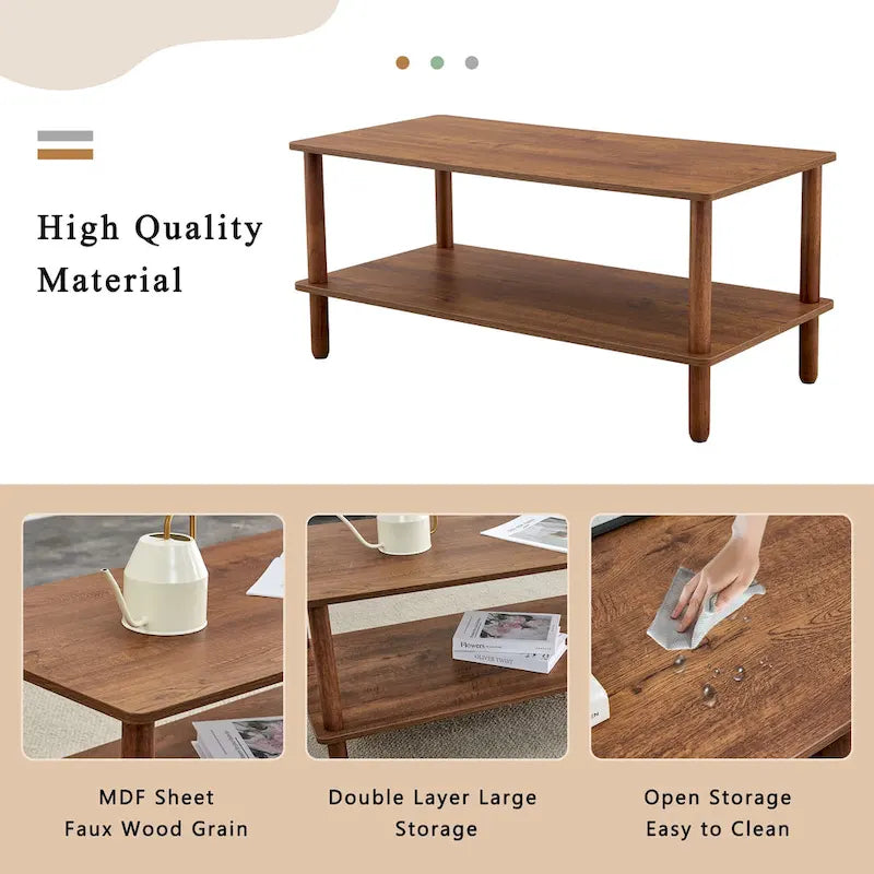 Table basse industrielle de 99 cm avec étagère ouverte à 2 niveaux et pieds en bois d'hévéa