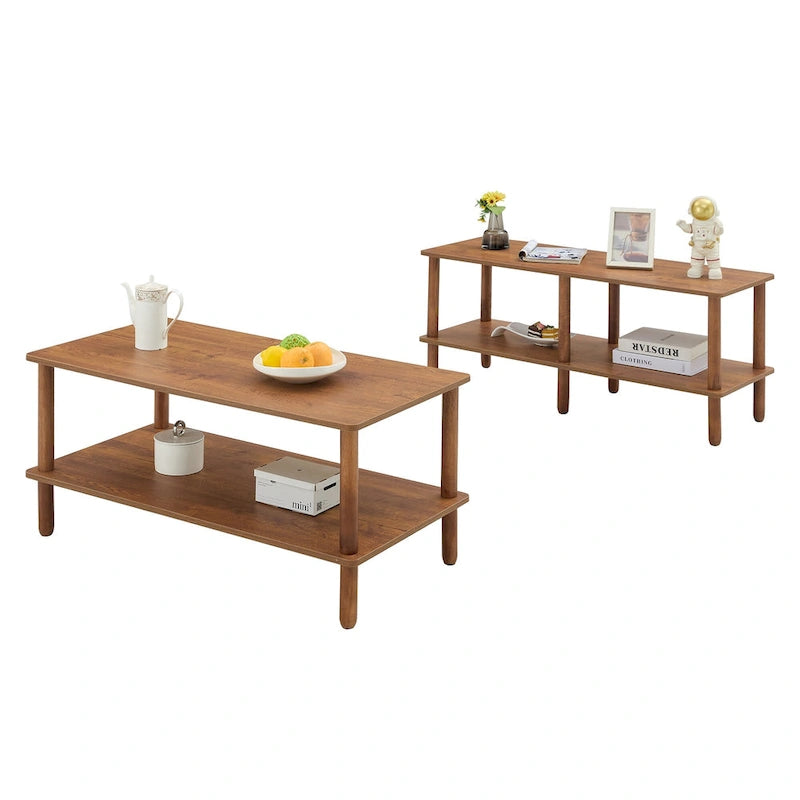 Table basse industrielle de 99 cm avec étagère ouverte à 2 niveaux et pieds en bois d'hévéa