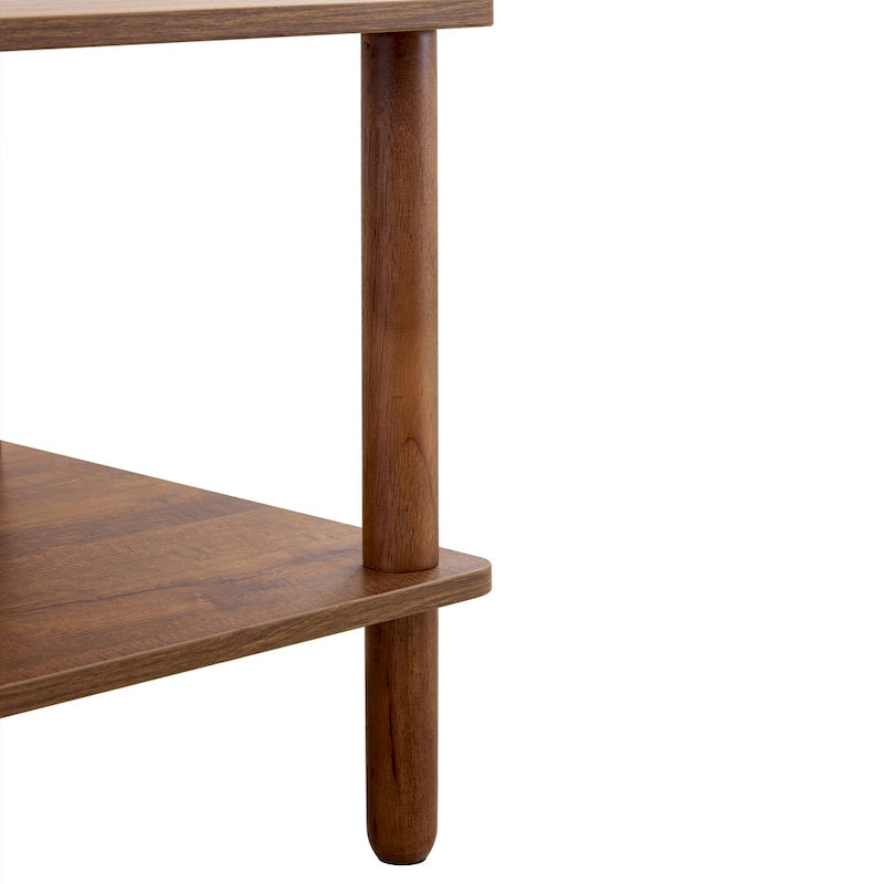 Table basse industrielle de 99 cm avec étagère ouverte à 2 niveaux et pieds en bois d'hévéa
