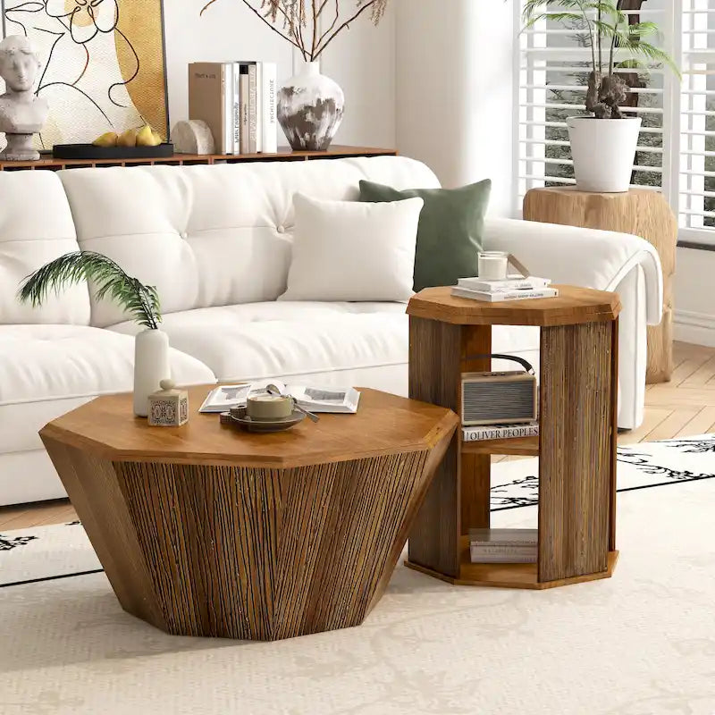 Ensemble de 2 tables basses octogonales de 80 cm en bois d'hévéa massif