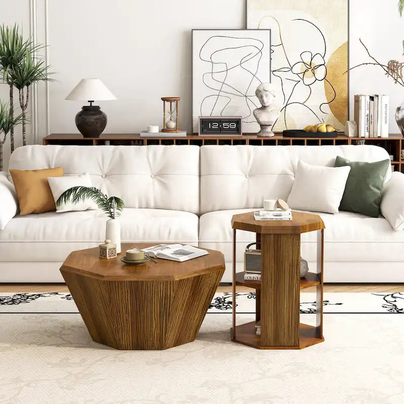 Ensemble de 2 tables basses octogonales de 80 cm en bois d'hévéa massif