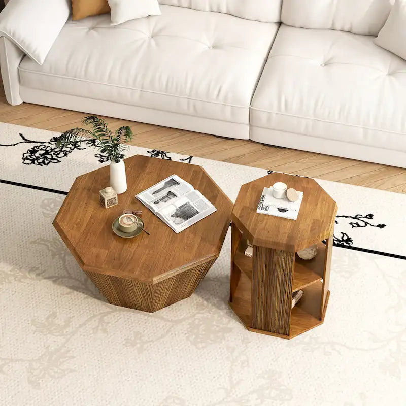 Ensemble de 2 tables basses octogonales de 80 cm en bois d'hévéa massif