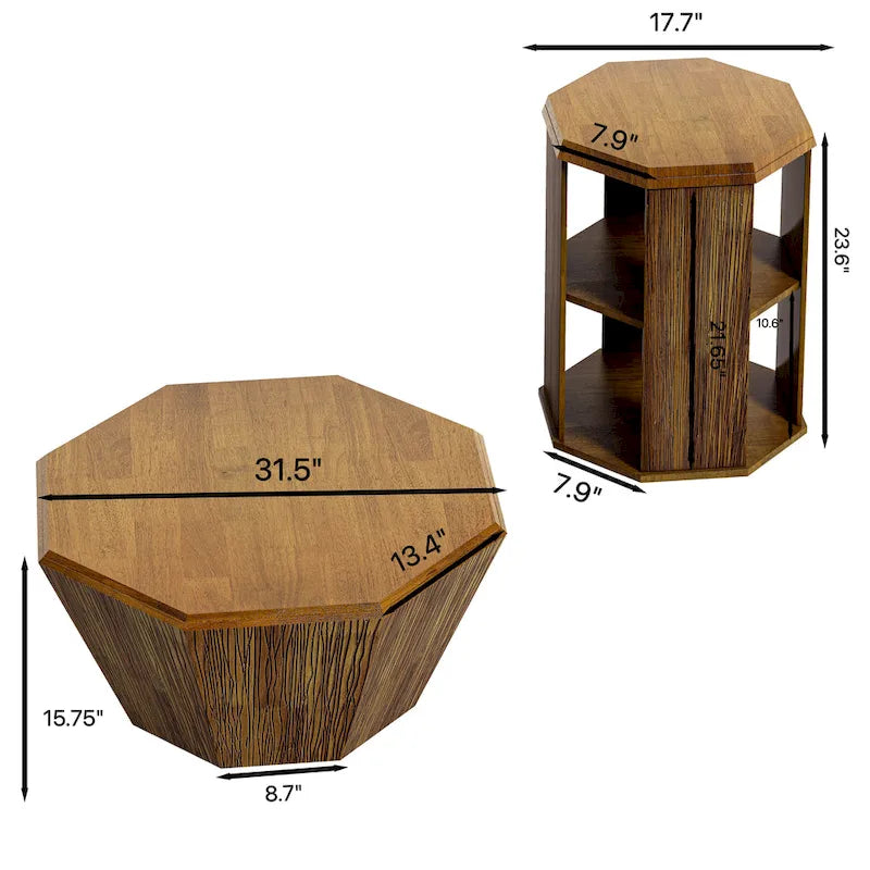 Ensemble de 2 tables basses octogonales de 80 cm en bois d'hévéa massif