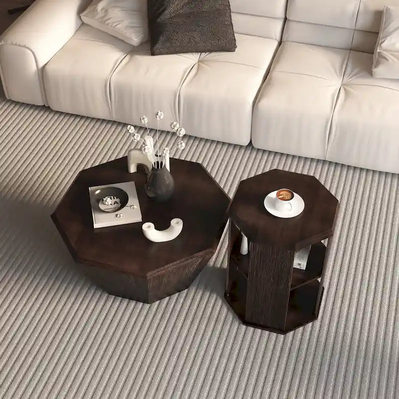Ensemble de 2 tables basses octogonales de 80 cm en bois d'hévéa massif
