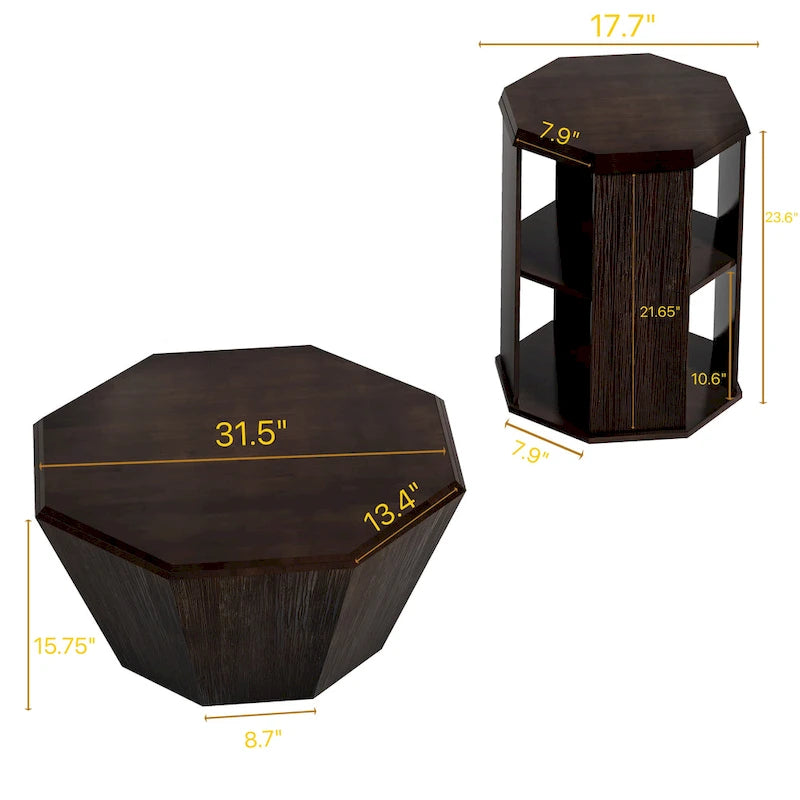 Ensemble de 2 tables basses octogonales de 80 cm en bois d'hévéa massif