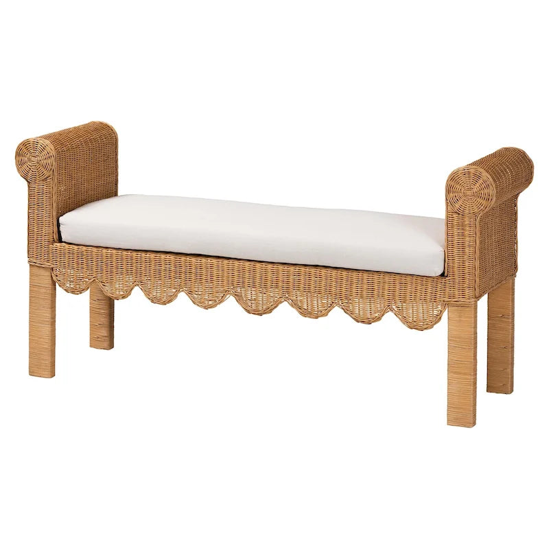 Banc d'appoint en rotin miel clair avec accoudoirs festonnés – Style bohème, 1 à 2 places