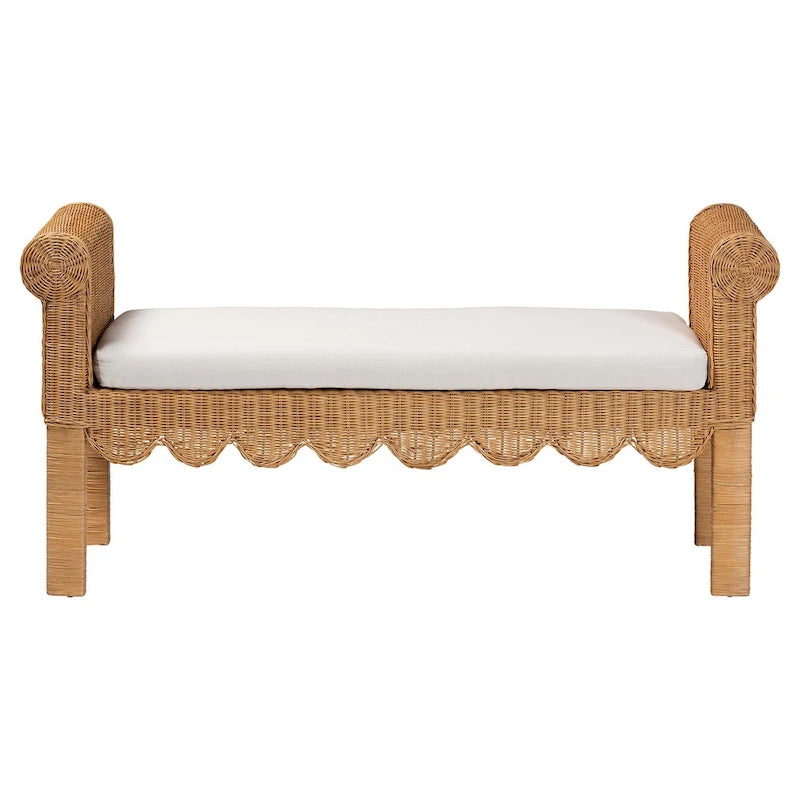 Banc d'appoint en rotin miel clair avec accoudoirs festonnés – Style bohème, 1 à 2 places