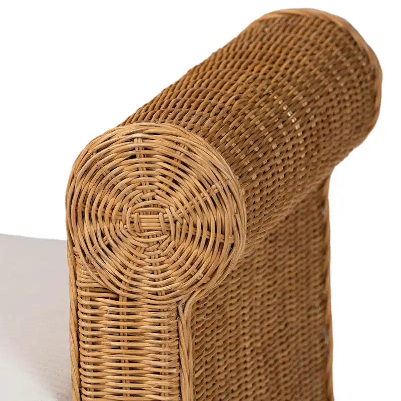 Banc d'appoint en rotin miel clair avec accoudoirs festonnés – Style bohème, 1 à 2 places