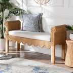 Banc d'appoint en rotin miel clair avec accoudoirs festonnés – Style bohème, 1 à 2 places