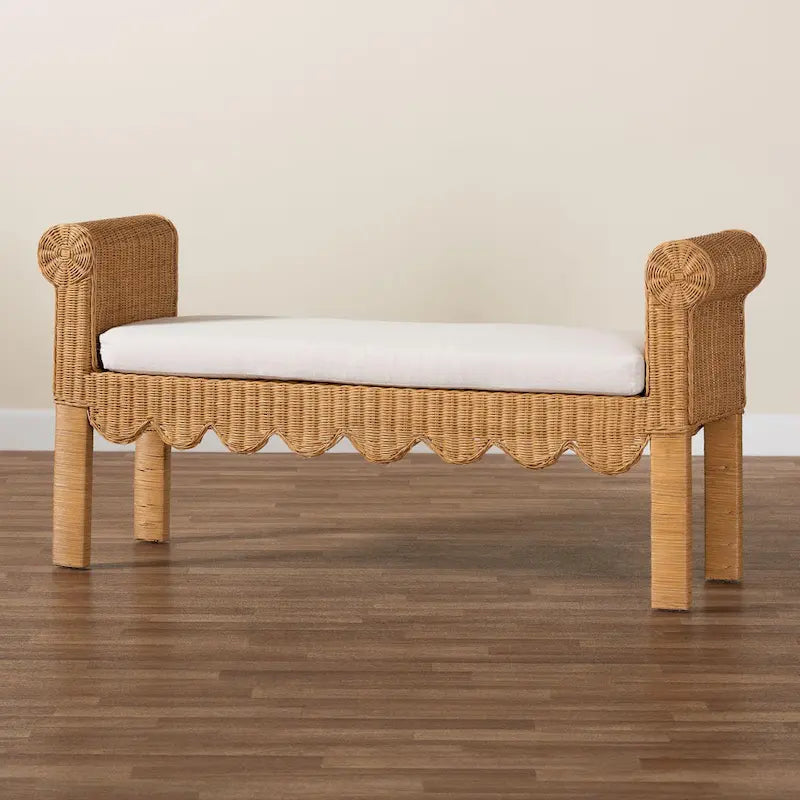 Banc d'appoint en rotin miel clair avec accoudoirs festonnés – Style bohème, 1 à 2 places