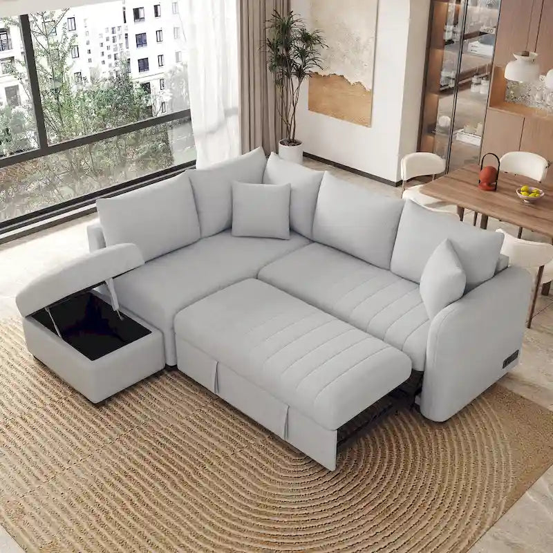 Canapé d'angle convertible en L avec ports USB et pouf de rangement