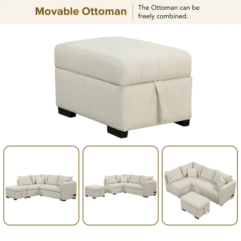 Canapé d'angle convertible en L avec ports USB et pouf de rangement
