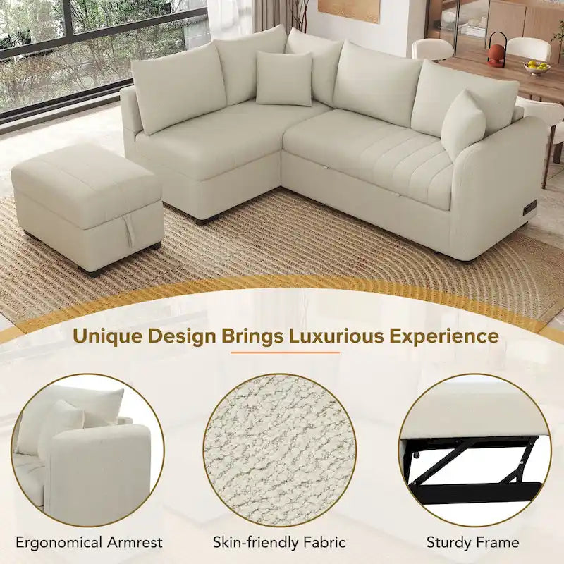 Canapé d'angle convertible en L avec ports USB et pouf de rangement