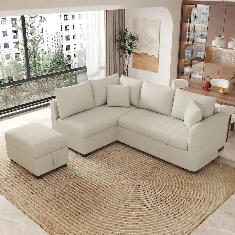 Canapé d'angle convertible en L avec ports USB et pouf de rangement