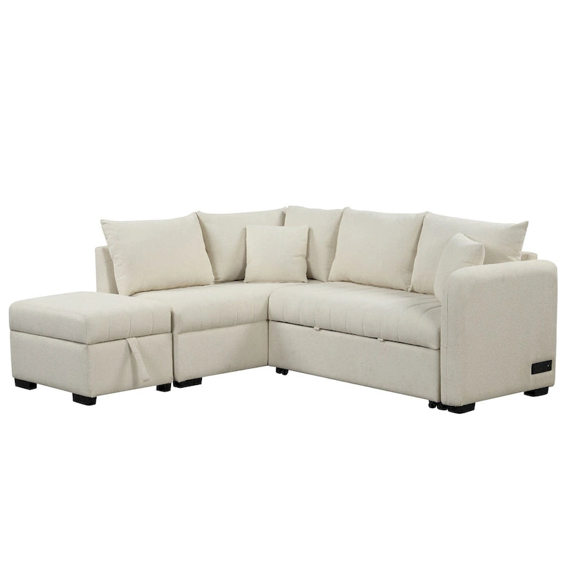 Canapé d'angle convertible en L avec ports USB et pouf de rangement
