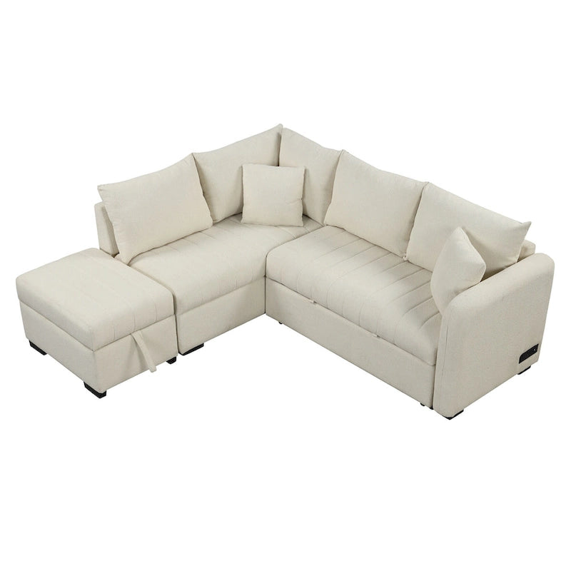 Canapé d'angle convertible en L avec ports USB et pouf de rangement
