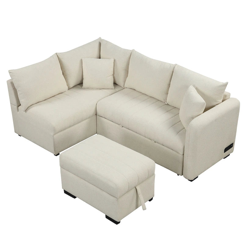 Canapé d'angle convertible en L avec ports USB et pouf de rangement