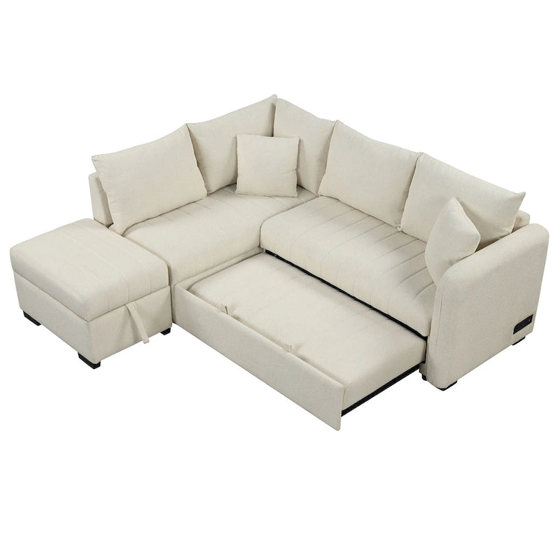 Canapé d'angle convertible en L avec ports USB et pouf de rangement