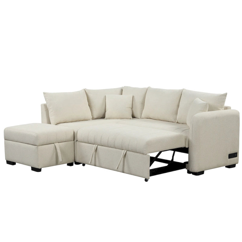 Canapé d'angle convertible en L avec ports USB et pouf de rangement